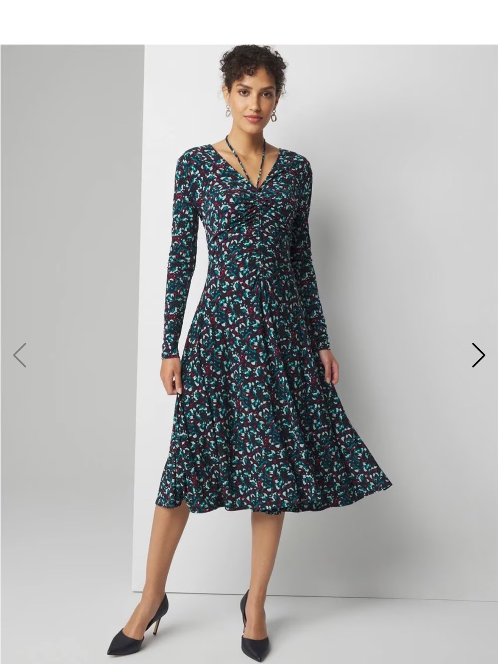 WHBM Floral V-Neck Long Sleeve Ruched Front Midi Dress in Teal & Black